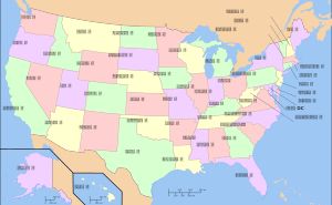 미국 지도. 50개의 주와 컬럼비아 특별구를 보여준다.