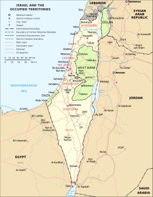 요르단강 서안 지구, 가자 지구, 골란고원을 포함한 이스라엘 및 주변 지역 지도