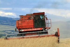 콤바인이 슬리브니차 근처에서 작업 중이다. 불가리아 토지의 약 43%가 경작 가능하다.