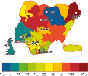 나이지리아 각 주의 연간 100만 명당 살인 사건 수, 영국과 터키와 비교 (출처: 나이지리아 보안 추적기 2020년 1월-2023년 6월)