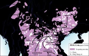 타이 민족과 언어의 일반적인 이주 패턴 및 다변화. 중국 남동부의 원래 타이 Urheimat에서 시작되었다.