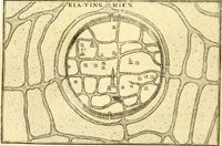 뒤 할드(Du Halde)의 1735년 중국 설명(Description of China)에 나오는 "Kia-ting-hien" 지도. 예수회 선교사들의 기록을 바탕으로 함