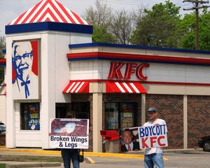 동물 복지 문제로 KFC 불매 운동을 하는 시위대