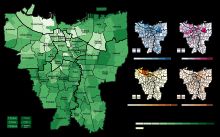 2021년 자카르타의 행정구역별 종교 분포도(다수 종교 및 해당 종교 신자 비율)