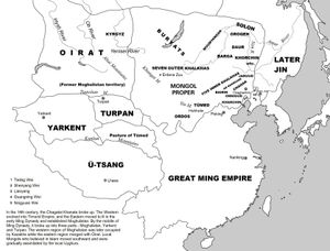 1616년 명나라 지배하의 만주, 여진족의 고향, 이들은 만주족이 되어 후금 (1616년-1636년)을 건국했다.