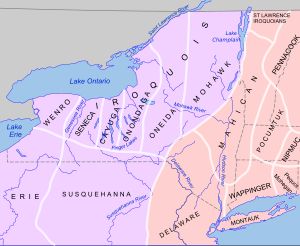 초기 뉴욕주는 이로쿼이 어족(자주색)과 알곤킨 족(분홍색)이 지배하고 있었다.