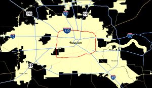 휴스턴의 이중 환상선. 안쪽 빨간 선이 I-610이며, 이 안쪽에 시가지가 형성되어 있다.