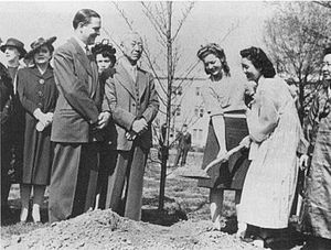 왼쪽 모자 챙을 쓴 여자가 프란체스카, 맨 앞 키 큰 남성이 아메리칸 대학 총장 폴 더글라스, 그 옆이 이승만 박사, 삽을 뜨고 있는 한국 여성이 구미위원부를 돕던 하와이 대학교 출신 도리스 윤(Doris Yoon).