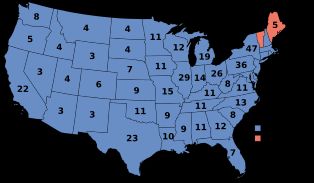 주별 획득 선거인 분포도 (루스벨트: 파란색, 랜던: 빨간색)