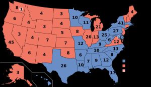 1976년 대통령 선거 지도. 서부 대부분의 주는 빨간색이고, 동부 대부분의 주는 파란색입니다.