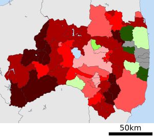 후쿠시마현 시정촌 인구 증감률 분포도(2015년도와 2020년도 국세조사에서 산출)