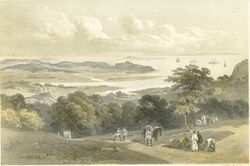 "대나무 마을에서 바라본 나하" 해안을 향해 바라본 모습. 화가: 빌헬름 하이네 (석판화, 1856년)