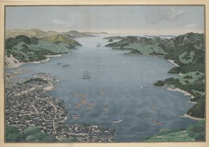 나가사키 항만의 조감도. 그림 중앙 왼쪽에 데지마 외국 무역 거점 섬이 보인다 (1833년).