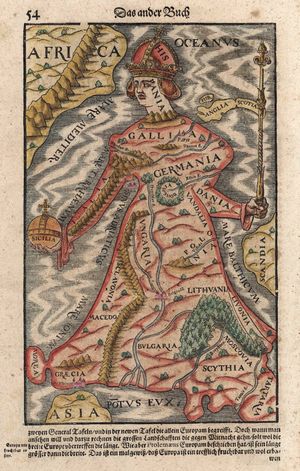 세바스티안 뮌스터의 "코스모그라피아(Cosmographia)"(1570년)에 나오는 '유로파 여왕(Europa regina)'