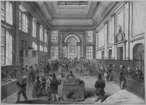 1866년에 촬영된 지폐와 동전을 교환하는 지불 홀(Pay Hall) 모습.