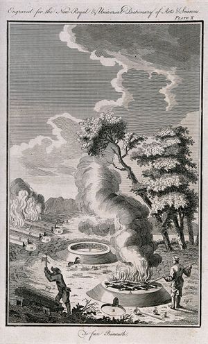 비스무트를 채취하고 가공하는 두 남자를 묘사한 흑백 판화. 언덕에서 망치질을 하고 액체를 붓는 모습.