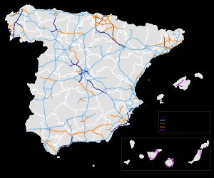 스페인의 고용량 도로망은 마드리드에 가장 중요한 중심지를 가지고 있습니다.
