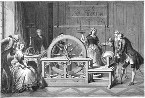 18세기 "자연철학"(후에 "물리학"이라고 불림) 실험에서 영국의 과학자 프랜시스 호크스비가 초기 정전기 발생기를 사용하는 모습.