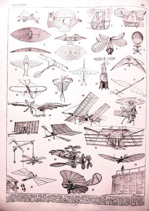 19세기 다양한 항공기 시제품과 설계를 보여주는 그림.