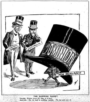 뉴질랜드 옵서버(1907년)는 조셉 워드 경을 거대한 '자치령'이란 모자 아래서 허세를 부리는 난쟁이로 묘사하고 있다.