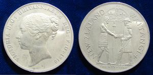 레트로 패턴 왕관: 1840년 2월 6일 와이탕이에서 홉슨과 악수하는 타마티 와카 네네