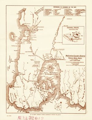 웰링턴 초기 지도 – 웰링턴 카운티 지구. 이 지도는 마오리 파, 오솔길, 와히 타푸 및 1840년 이전 전투지, 그리고 뉴질랜드 토지 전쟁의 전투지 등 여러 중요한 역사 유적지를 보여줍니다.