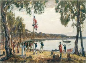 〈오스트레일리아 발견〉(The Founding of Australia), 1788년 1월 26일, 아서 필립 R.N. 선장이 시드니 코브에서. 알제논 탈메이지의 그림.
