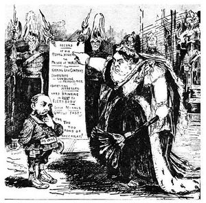 로열 바카라 스캔들 당시 미국의 『퍽』 잡지 풍자화. 버티(에드워드 7세)의 경범죄 목록을 보여주며 질책하는 빅토리아 여왕.