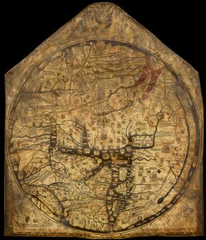헤러퍼드 지도(Hereford Mappa Mundi), 영국 헤러퍼드 대성당(Hereford Cathedral), 1300년경. 예루살렘을 중심으로 동쪽을 위, 유럽을 왼쪽 아래, 아프리카를 오른쪽에 배치한 고전적인 T-O 지도