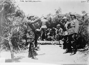 에사트 파샤가 안작 코브의 포대에 명령을 내리고 있다.