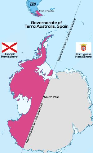 스페인 테라 아우스트랄리스 총독부 (1539–1555) 지도, 남극 근처의 토지에 대한 최초의 영토 주장; 이후 칠레 총독부에 통합되었다.