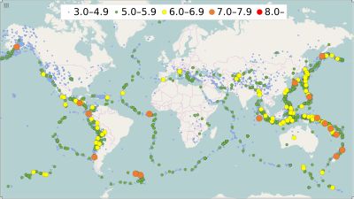 2016년 지진 지도. 총 16,975건의 지진이 표시되어 있습니다.