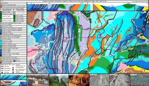 동강댐이 들어설 예정지였던 영월군 영월읍 거운리(그림 중앙) 주변 지역에는 조선 누층군의 석회암 지층과 영월인편상구조대, 각동 단층 등 수많은 단층들이 분포해 댐을 짓기에 부적절하다.