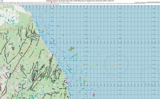 강원도와 동해안 지역의 지진(1978-2023)과 단층 분포도
