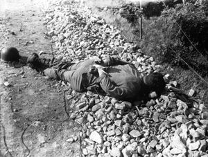 A soldier's body lying on the ground with his hands tied behind his back.