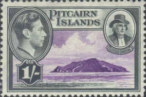 피트케언 제도의 우표, 1940년, 조지 6세 국왕과 플레처 크리스천의 초상이 그려져 있음