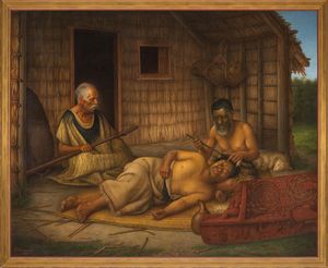 모코}}를 사람 얼굴에 새기는 모습