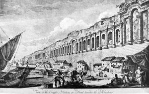 1764년 로버트 아담이 그린 스플리트 해안 성벽의 판화. 이 성벽은 원래 로마의 디오클레티아누스 궁전을 위해 건설되었다.