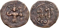라시둔 칼리파조(632–675 CE)의 동전. 비잔틴 황제 콘스탄스 2세가 십자가가 달린 지팡이와 글로부스 크루키게르를 들고 있는 의사 비잔틴 유형