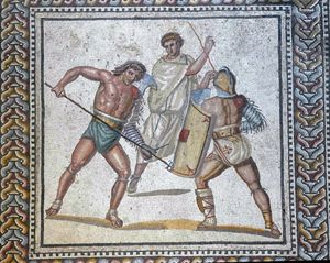 독일 Nennig의 빌라에서 발견된 이 모자이크는 서기 2~3세기경으로 추정되며, 레티아리우스가 그의 삼지창으로 세쿠토르를 찌르는 모습을 담고 있다.