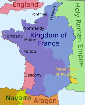 a map of France showing only a small part of the south-west under English control