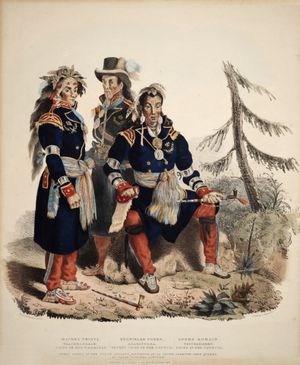 웬다케(퀘벡)의 세 명의 Huron-Wyandot 추장들. 프랑스령 캐나다는 Huron과 같은 원주민들과 대체로 평화적인 관계를 유지했다. 그들의 공동의 적인 이로쿼이족에 의해 Huron이 패배한 후, 많은 이들이 온타리오에서 퀘벡으로 피신했다.