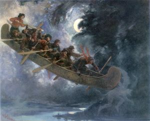 앙리 쥘리앵(Henri Julien)의 라 샤스-갈러리(La chasse-galerie)(1906). 퀘벡의 인기 민속 전설의 한 장면