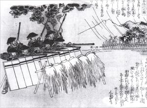 타네가시마 조총을 사용하여 집중사격 전술을 펼치는 일본 보병