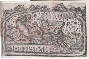 1726년 카이라쿠 전투. 포르투갈군과 그 동맹군이 반란을 일으킨 왕국 군대와 싸우는 모습을 보여주는 흑백과 빨간색의 손으로 그린 그림
