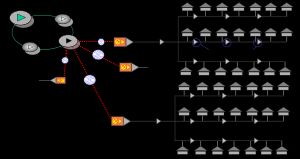 현대식 하이브리드 광 동축 케이블 방송 시스템 다이어그램. 지역 헤드엔드에서 TV 채널은 광섬유 트렁크 라인을 통해 이동하는 광선에 다중화되어 전송되며, 이는 지역 사회의 광 노드로 분산 허브에서 분산된다. 여기서 광섬유의 광 신호는 무선 주파수 전기 신호로 변환되어 동축 케이블을 통해 개별 가입자 가정으로 배포된다.