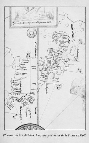 후안 데 라 코사의 지도(1500년)의 일부에서 발췌한 앤틸리스 제도 지도