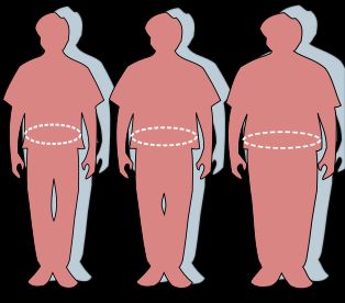 최적, [[과체중]], 비만을 나타내는 실루엣과 [[허리둘레]]