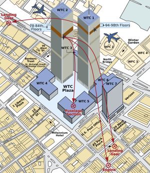 비행기가 빌딩에 충돌한 후 튕겨나온 잔해들과 충돌에 대한 다이어그램 그림.