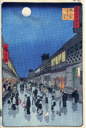 우타가와 히로시게의 『사루와카마치의 밤』. 사루와카마치(현재 아사쿠사 6초메)에는 에도 삼좌가 있었고, 극장가로서 번화했다.